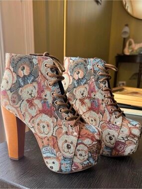 Jeffrey Campbell Lita Tapestry Teddy Bear Platform Heeled Lace Up Ankle Boots